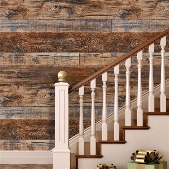 17.71" x 118" Brown Wood Wallpaper Peel and Stick Shiplap Self Adhesive - Picture 3 of 7